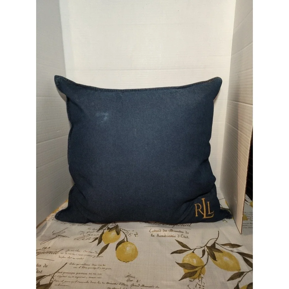 Ralph Lauren Dark Blue Denim Down Throw Pillow Gold Logo‎ Zipper
